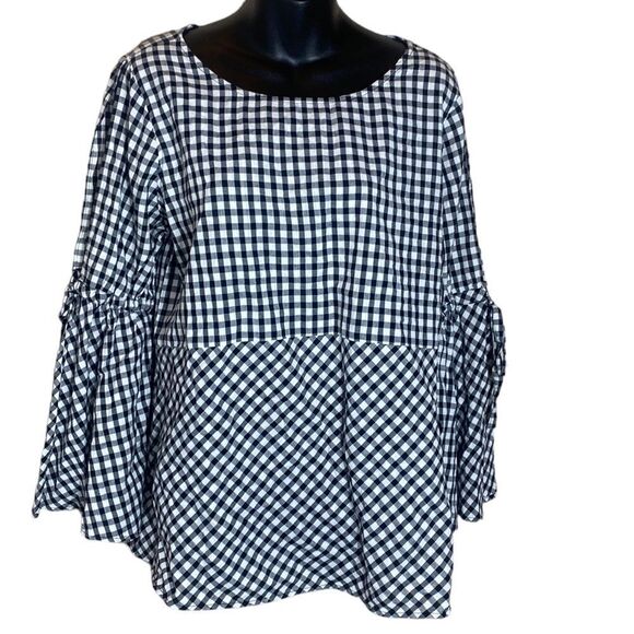 Loft ladies blouse long sleeve black white gingham w cut open sleeves w flare LP - Picture 1 of 6